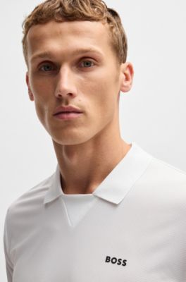 Stretch-mesh polo shirt with modern placket, White