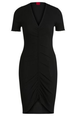 Vestido tubo con escote en pico y parte delantera fruncida, Negro