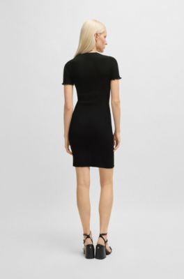 Vestido tubo con escote en pico y parte delantera fruncida, Negro