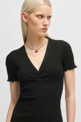 Vestido tubo con escote en pico y parte delantera fruncida, Negro