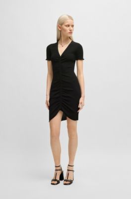 V-neck tube dress with gathered front, Black