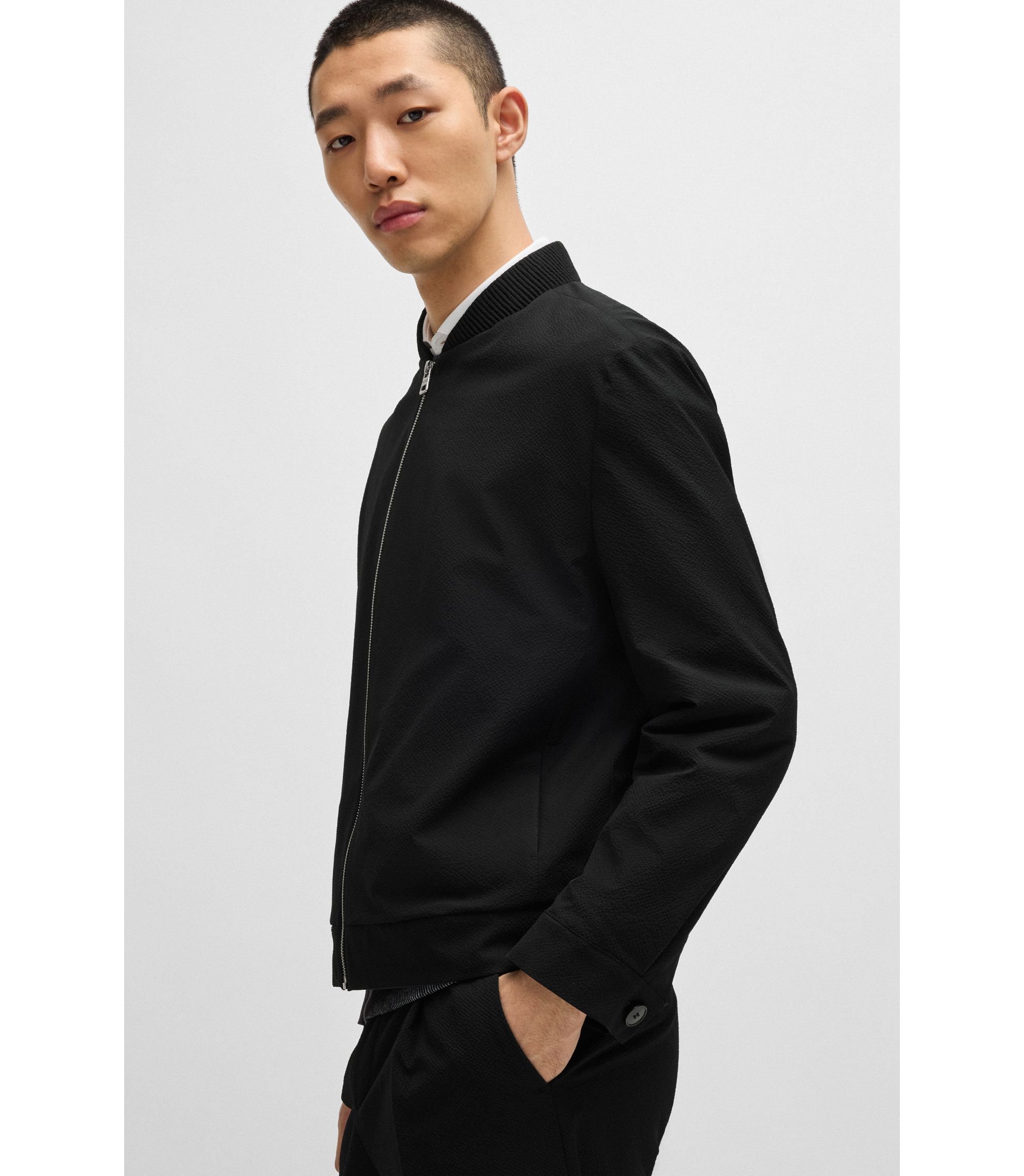 HUGO - Modern-fit blazer in wrinkle-resistant seersucker - Black