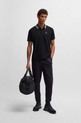 Paddy stretch-cotton polo shirt with striped collar, Black