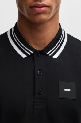 Paddy stretch-cotton polo shirt with striped collar, Black