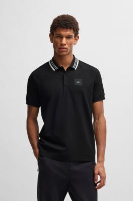 Paddy stretch-cotton polo shirt with striped collar, Black