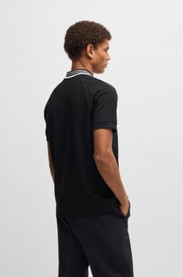 Paddy stretch-cotton polo shirt with striped collar, Black