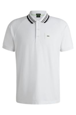 Paddy stretch-cotton polo shirt with striped collar, White