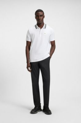 Paddy stretch-cotton polo shirt with striped collar, White