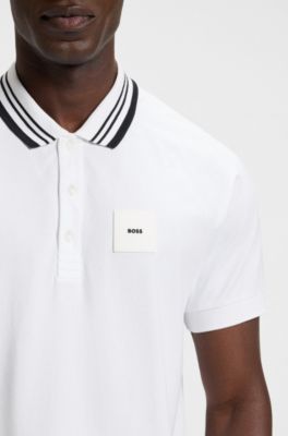 Paddy stretch-cotton polo shirt with striped collar, White