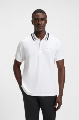 Paddy stretch-cotton polo shirt with striped collar, White