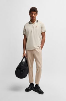 Polo Paddy en coton stretch avec col &agrave; rayures, Beige clair