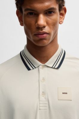 Polo Paddy en coton stretch avec col &agrave; rayures, Beige clair