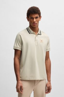 Polo Paddy en coton stretch avec col &agrave; rayures, Beige clair