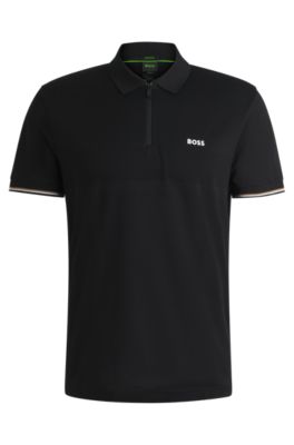 ■Hugo Boss■ Herringbone collar half-zip slim fit polo shir BOSS - Cotton polo shirt with tonal monogram jacquard - Dark