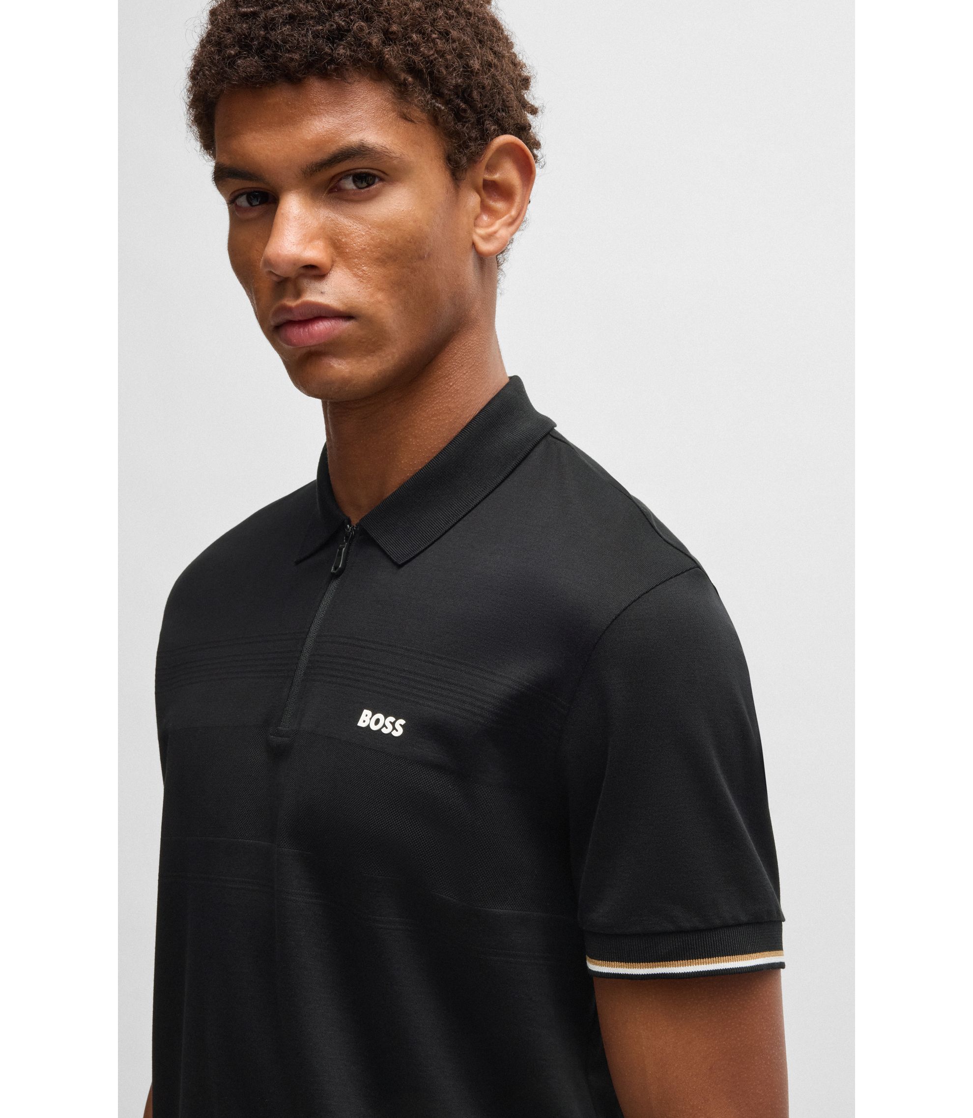 BOSS - Structured-cotton polo shirt with zip neck - Black