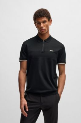Polo de algod&oacute;n estructurado con cuello con cremallera, Negro