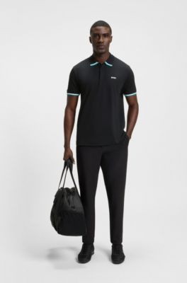 Paddy knit polo shirt in cotton with striped trims, Black