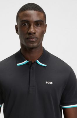 Paddy knit polo shirt in cotton with striped trims, Black