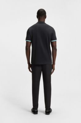 Paddy knit polo shirt in cotton with striped trims, Black