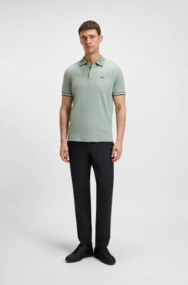 Paddy knit polo shirt in cotton with striped trims, Light Green