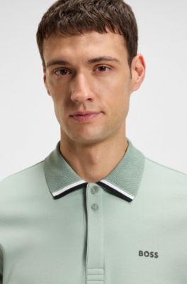 Paddy knit polo shirt in cotton with striped trims, Light Green