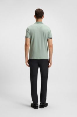 Paddy knit polo shirt in cotton with striped trims, Light Green
