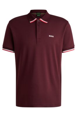Paddy knit polo shirt in cotton with striped trims, Red