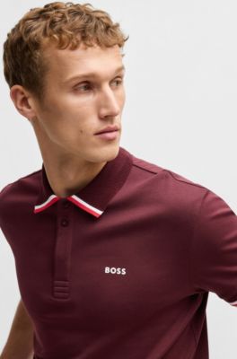 Paddy knit polo shirt in cotton with striped trims, Red