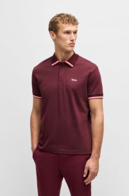 Paddy knit polo shirt in cotton with striped trims, Red