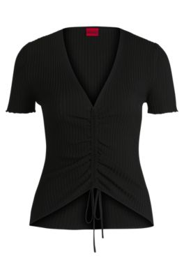 Top con escote en pico y parte delantera fruncida, Negro