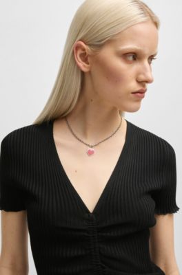 Top con escote en pico y parte delantera fruncida, Negro