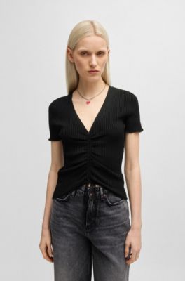 Top con escote en pico y parte delantera fruncida, Negro