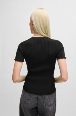 Top con escote en pico y parte delantera fruncida, Negro