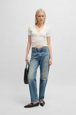 Top con escote en pico y parte delantera fruncida, Blanco