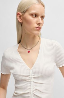 Top con escote en pico y parte delantera fruncida, Blanco