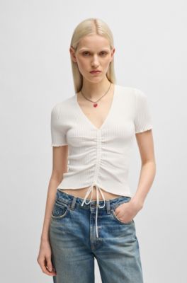 Top con escote en pico y parte delantera fruncida, Blanco