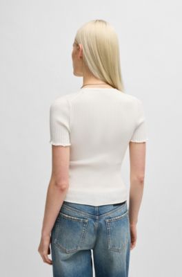 Top con escote en pico y parte delantera fruncida, Blanco