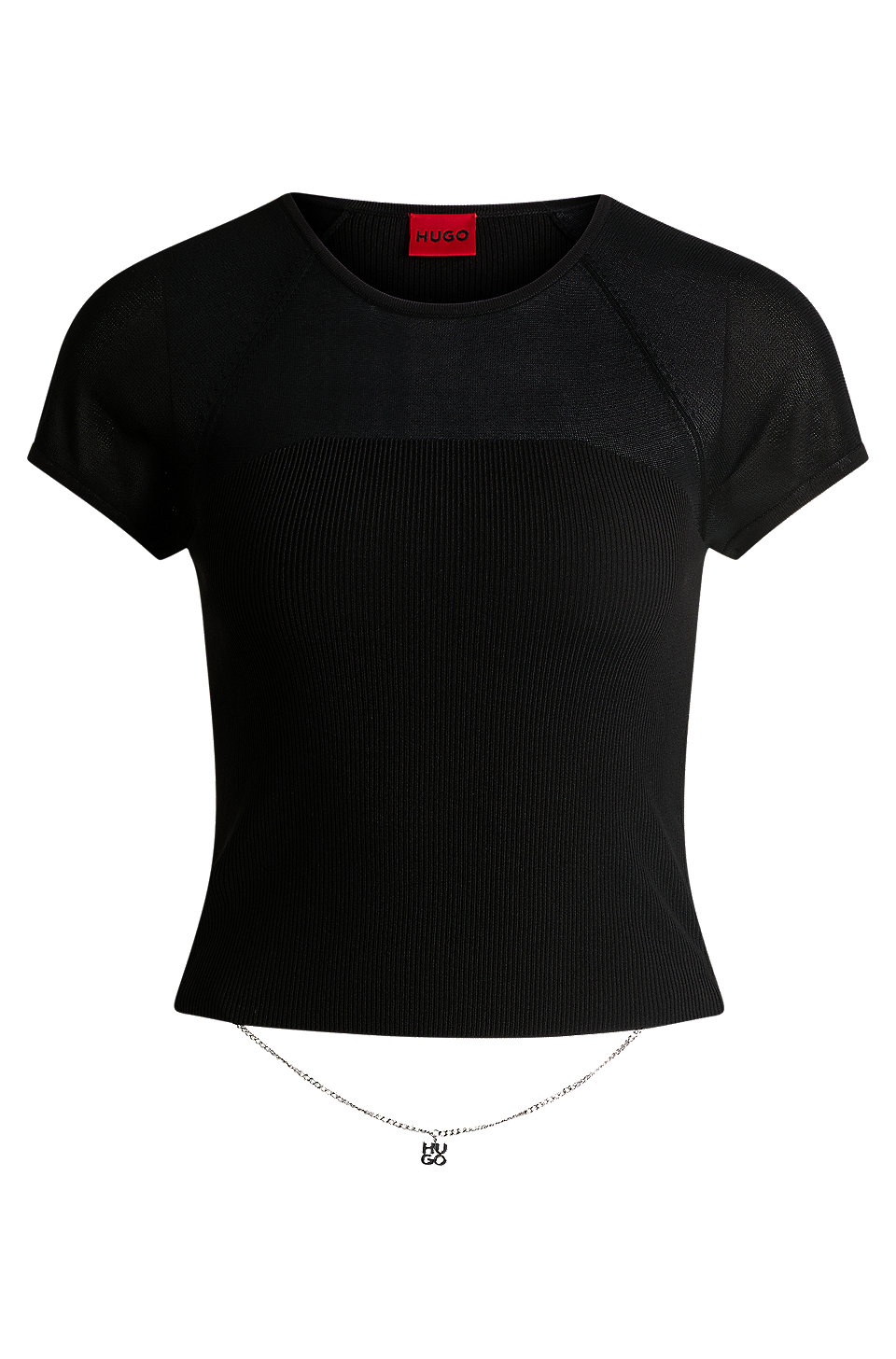 HUGO - Rib-knit top with sheer panels and logo chain - Black HUGO - Rib-knit top with sheer panels and logo chain - Black