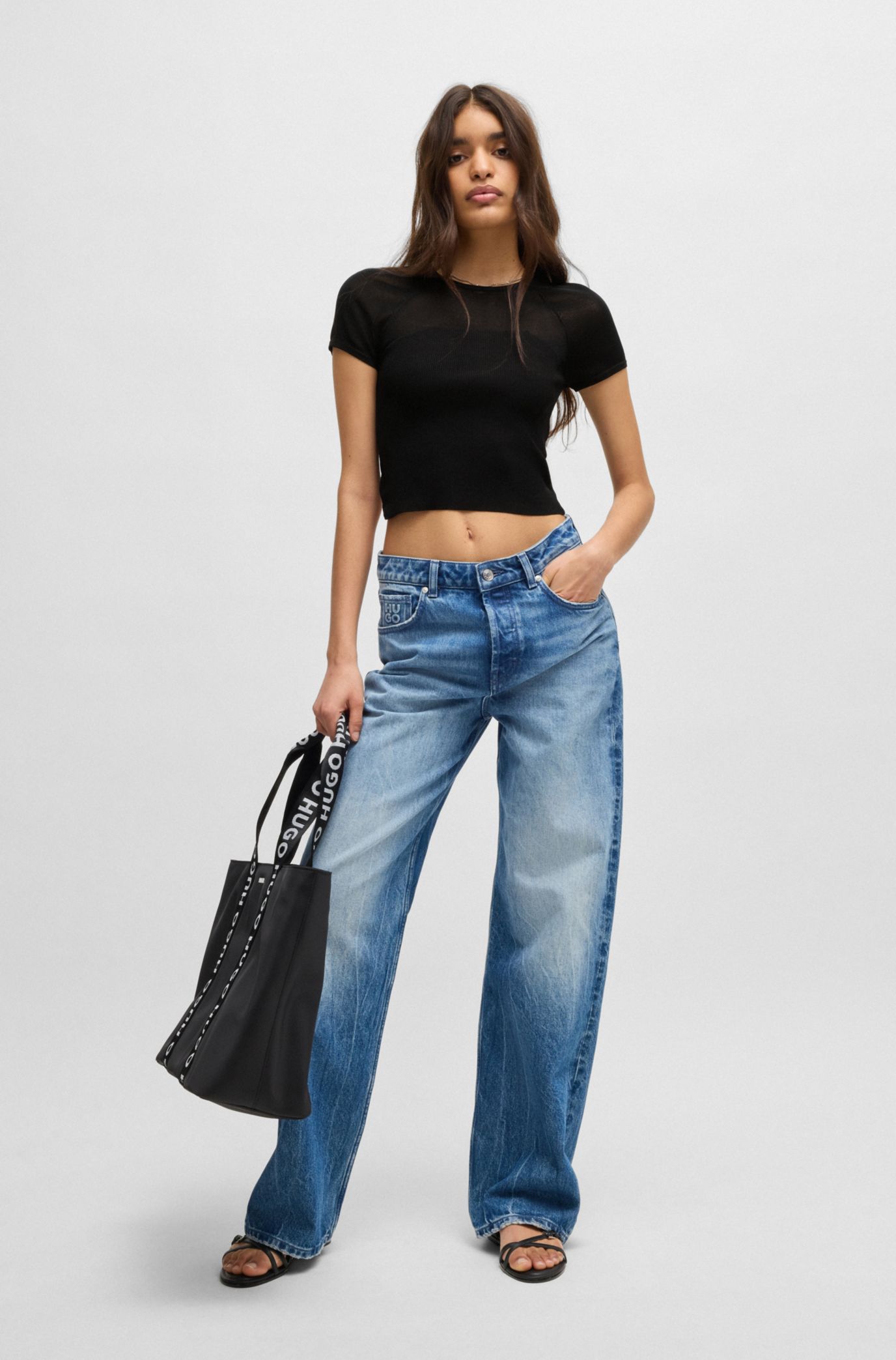 HUGO - Rib-knit top with sheer panels and logo chain - Black HUGO - Rib-knit top with sheer panels and logo chain - Black