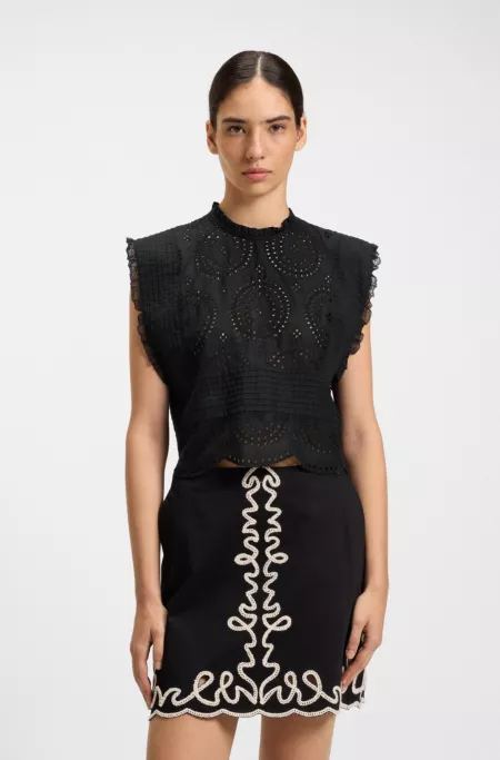 Regular-fit blouse in cotton broderie with pleat details