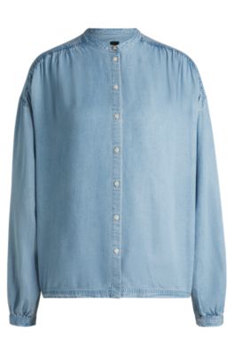 Relaxed-fit blouse in denim-look fabric, Light Blue