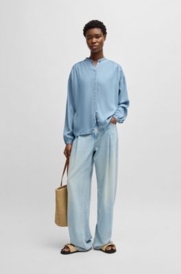 Relaxed-fit blouse in denim-look fabric, Light Blue