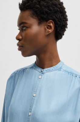 Relaxed-fit blouse in denim-look fabric, Light Blue