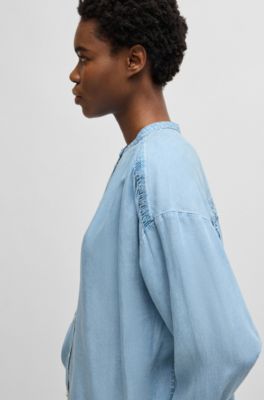 Relaxed-fit blouse in denim-look fabric, Light Blue