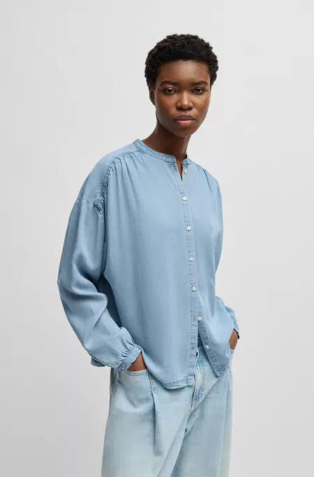 Relaxed-fit blouse in denim-look fabric