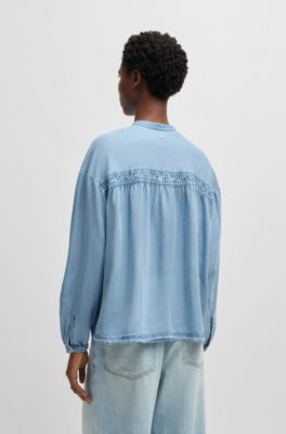 Relaxed-fit blouse in denim-look fabric, Light Blue