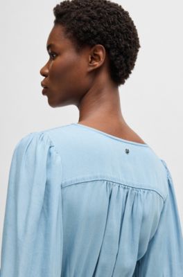 Vestido con manga abullonada y cintura el&aacute;stica, Celeste