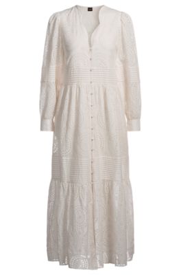 Robe pliss&eacute;e en coton avec broderie anglaise, Blanc