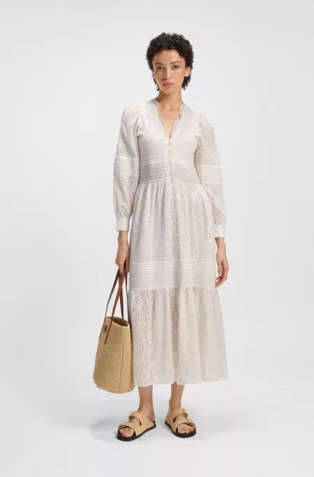 Pleat-detail dress in cotton broderie
