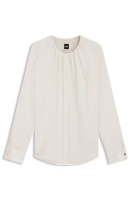 Collarless regular-fit blouse in stretch silk, White